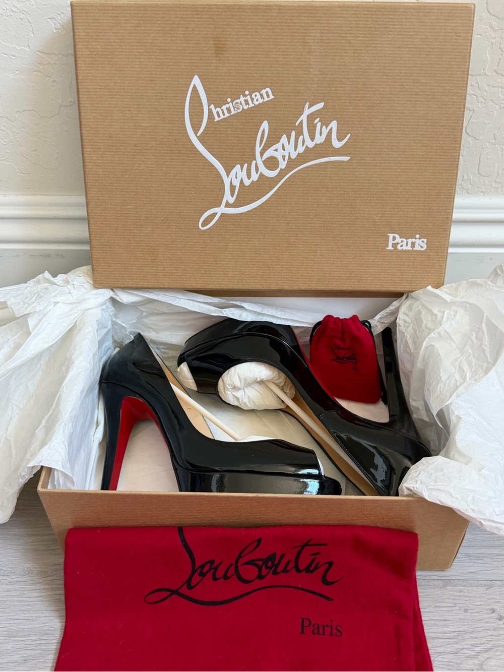 💯% Authentic Christian Louboutin Black Patent Peep-Toe  Pumps with Red Sole